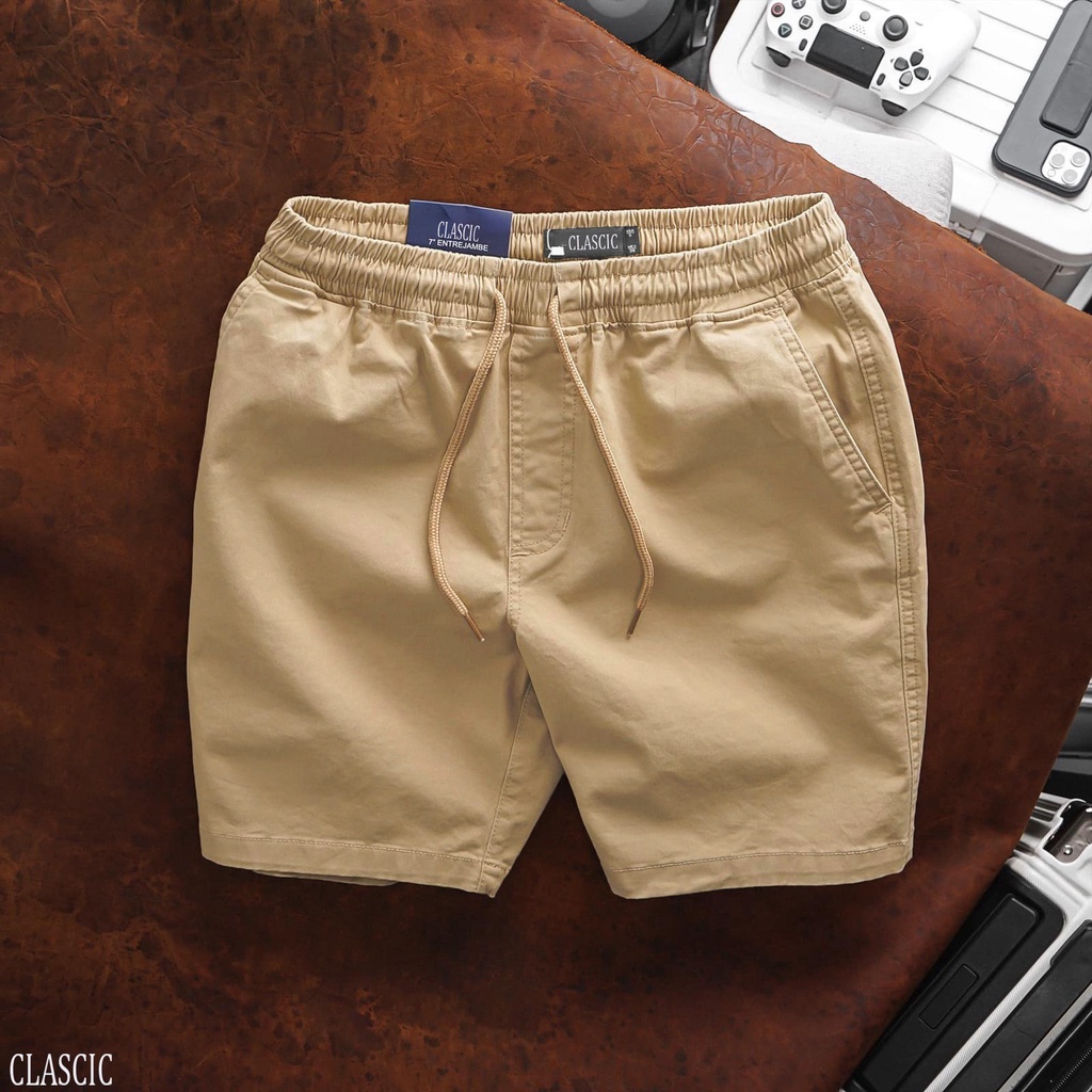 Quần Short Đùi Kaki Clascic Men Form Trên Gối Co Giãn Lưng Thun Thoải Mái SKU10
