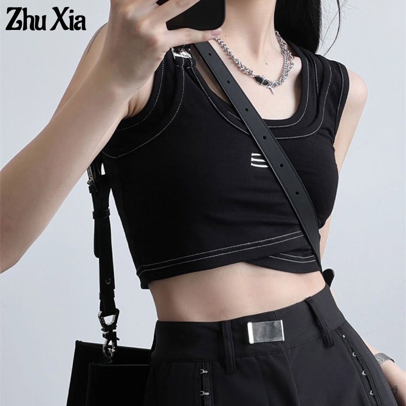Zhu Xia Áo Tank Top Giả Hai Lớp Màu Đen Thời Trang Cá Tính Cho Nữ
