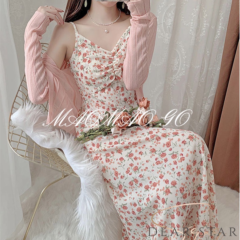 Maomao GO Set Áo sweater Dệt Kim + Chân Váy MIDI Họa Tiết Hoa Ngọt Ngào Thời Trang Đi Biển Cho Nữ