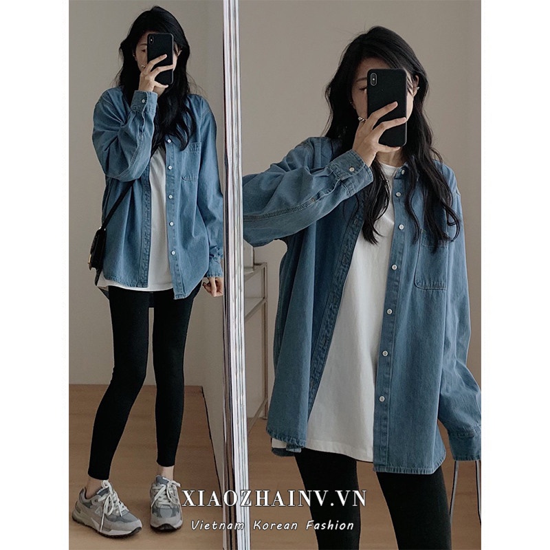 Xiaozhainv Áo Sơ Mi Khoác Ngoài Tay Dài Dáng Rộng Màu Xanh Dương Phong Cách Retro Hàn Quốc Cho Nữ