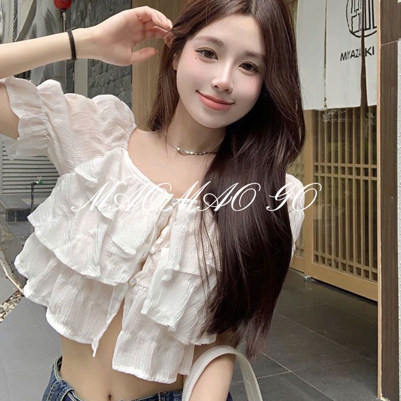 Maomao GO Áo Sơ Mi Ngắn Tay Trễ Vai Dáng Rộng Thời Trang Mùa Hè Dành Cho Nữ