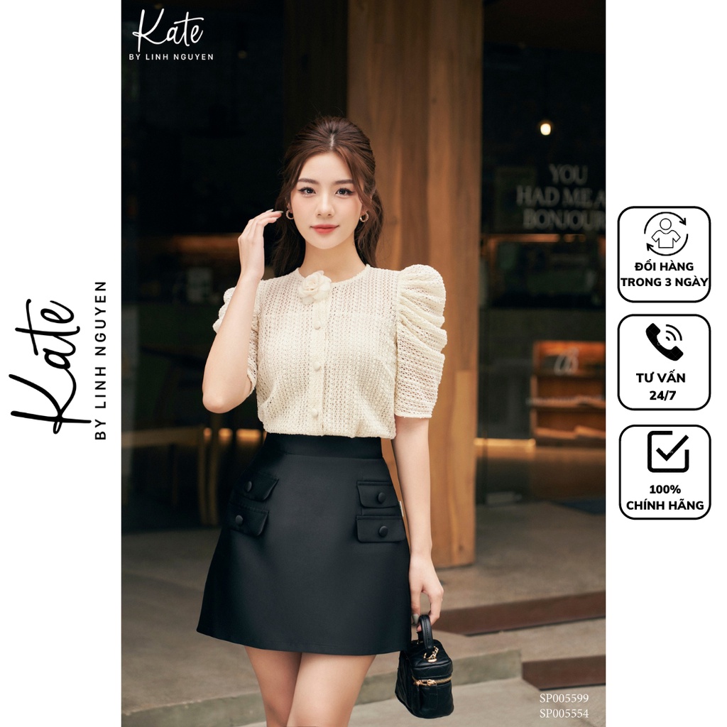 Áo ren sợi cổ tròn tay bồng (kèm hoa cài) 5599 chân váy gấm nắp túi 5554 thời trang thiết kế Kate by Linh Nguyen