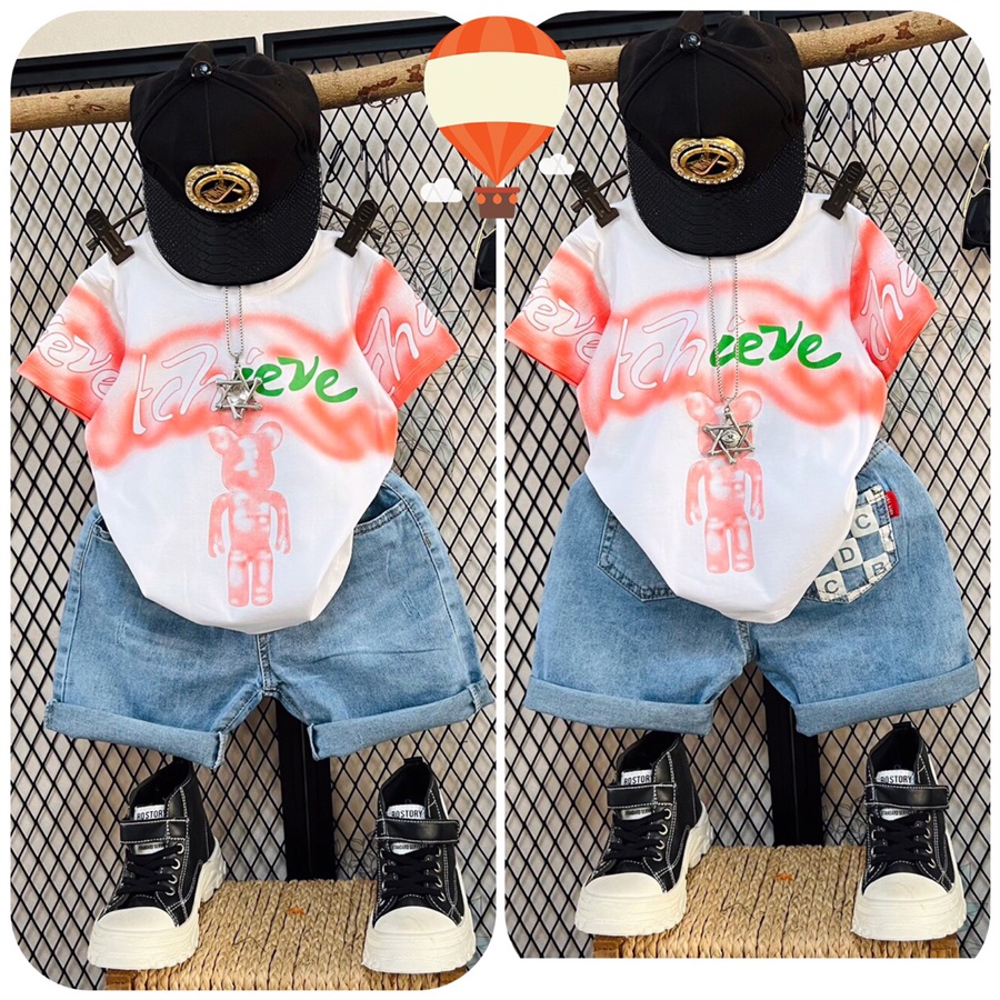 Quần áo bé trai, bộ jean gấu loang cool ngầu cho bé trai từ 10 đến 45 kg