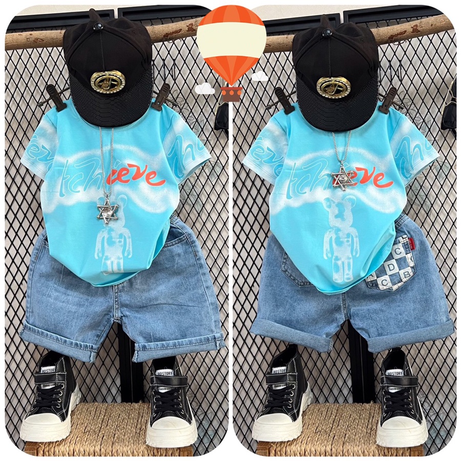 Quần áo bé trai, bộ jean gấu loang cool ngầu cho bé trai từ 10 đến 45 kg