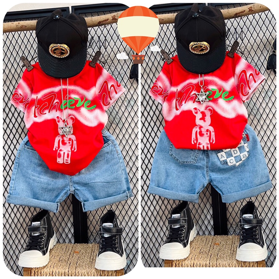 Quần áo bé trai, bộ jean gấu loang cool ngầu cho bé trai từ 10 đến 45 kg