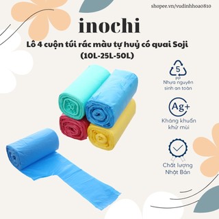 Lô 4 cuộn túi rác tự huỷ có quai tiện dụng Inochi 10L (nhiều màu)