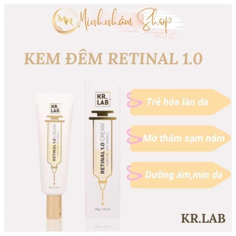Retinal 1.0 Cream Kr.Lab+, kem đêm Retinal 1.0 Cream Kr.Lab+ giúp trẻ hóa,dưỡng da trắng hồng,mờ nám tàn nhang 30g 30g