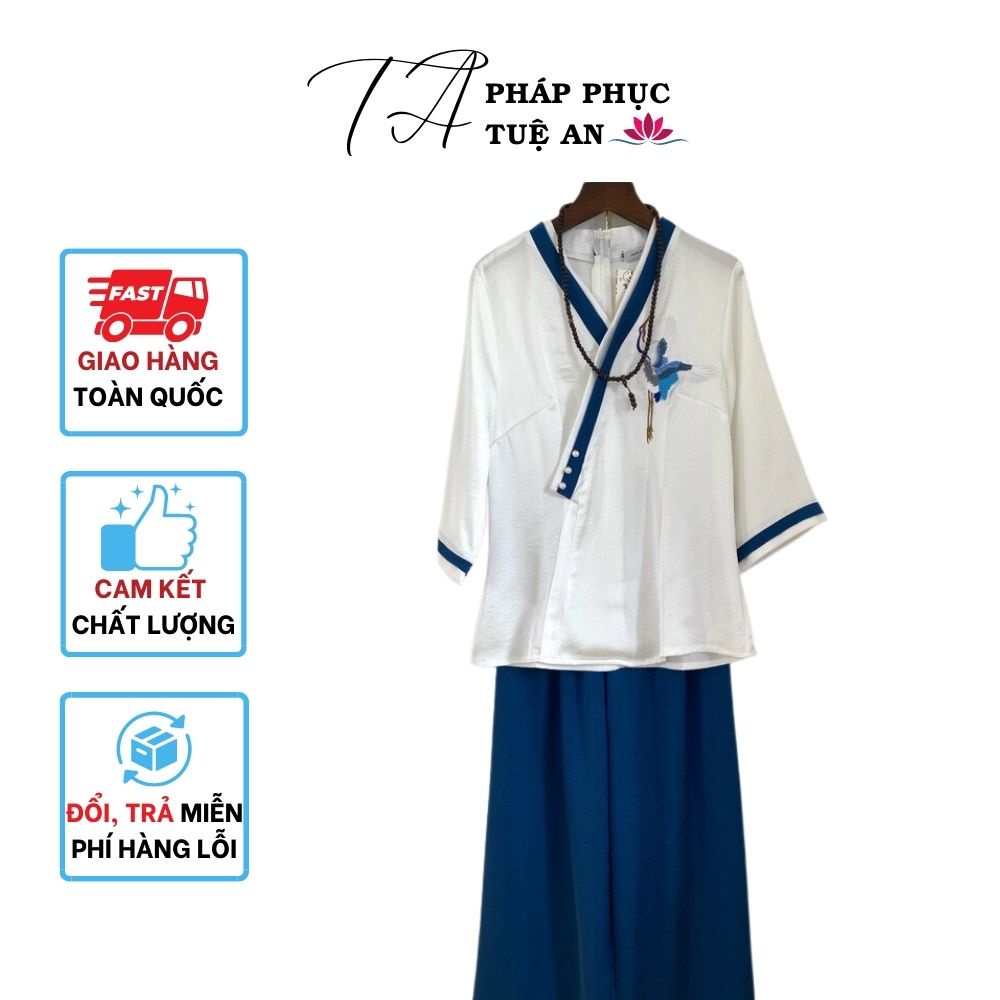 Đồ lam đi chùa, pháp phục lụa cao cấp cổ V, áo nữ đi chùa hình hạc kèm quần - Tuệ An