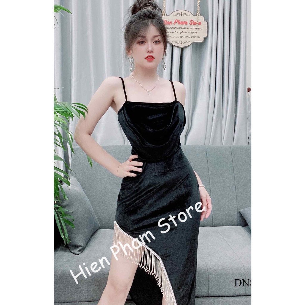 Đầm body nhung tuyết cúp ngực 2 dây xẽ tà phối tua rua sang chành DN 8571