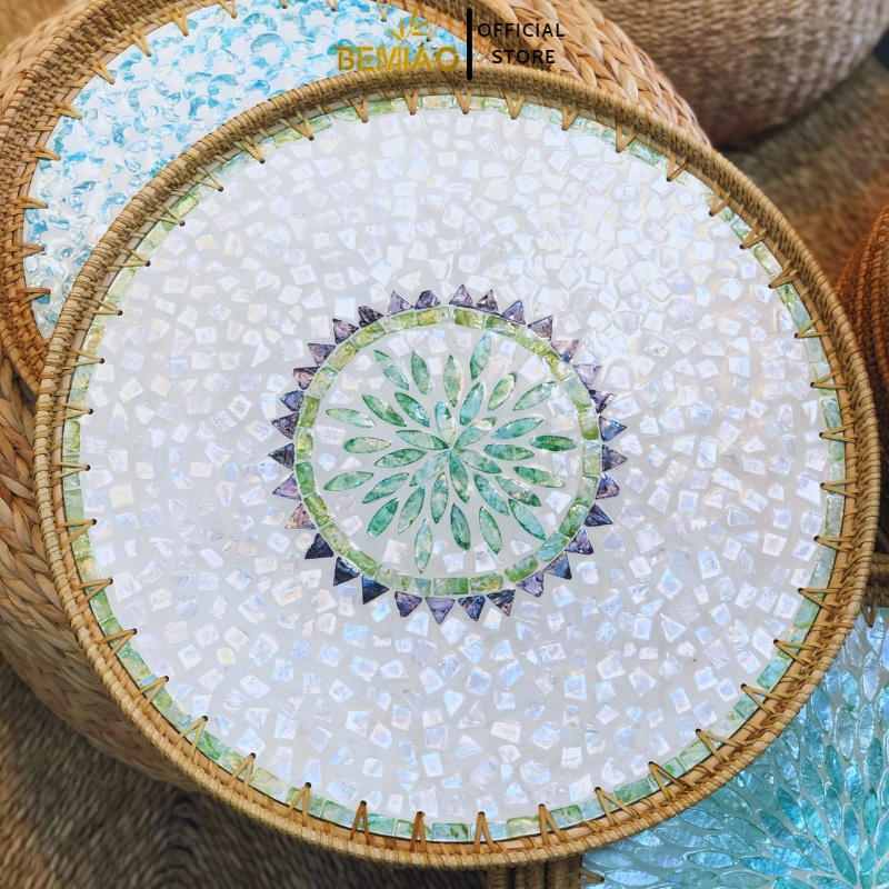 Khay Khảm Trai 50cm BEMIAO, Khay mây tre đan, chịu lực nặng, mâm ăn cơm khảm trai, khay decor trang trí nhà cửa