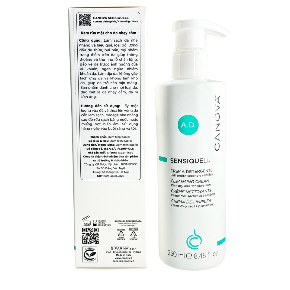 Sữa rửa mặt cho da nhạy cảm Canova Sensiquell Crema Detergente, Cleansing Cream 250ml