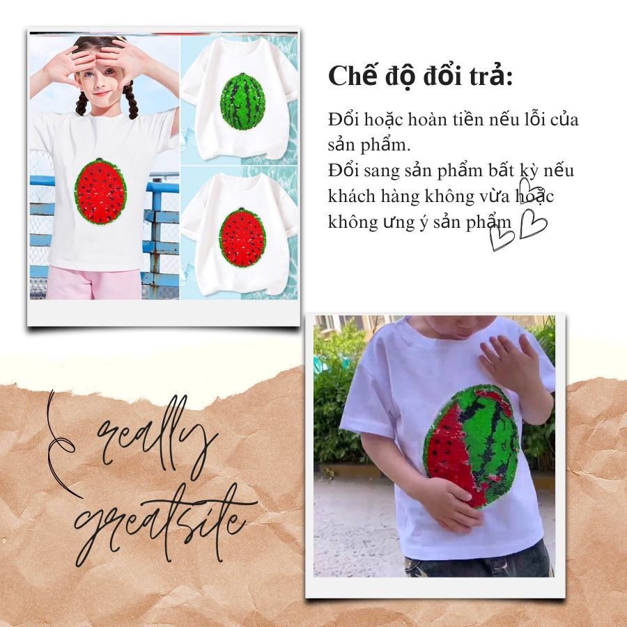 Áo kim sa cho bé thay đổi màu sắc độc đáo, vuốt nhẹ để đổi màu hình dưa hấu, áo phông cho bé HONGVYBABY DH]