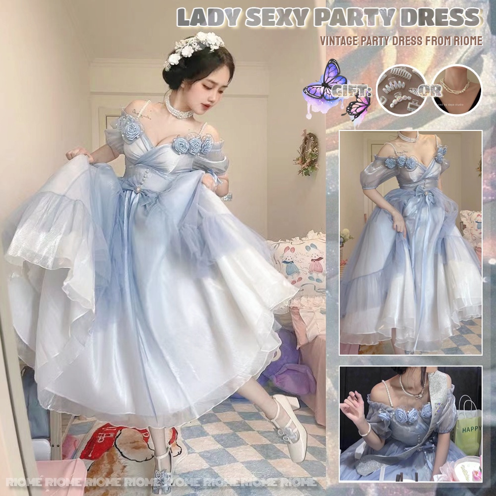 【váy + khung váy】Đầm Công Chúa Dự Tiệc Vải Gạc Màu Xanh Dương Nhạt Cao Cấp Sang Trọng Cho Nữ