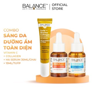 Combo Balance dưỡng toàn diện Serum Vitamin C 30ml + Serum Hyaluronic 30ml + Kem mắt Gold Collagen 15ml