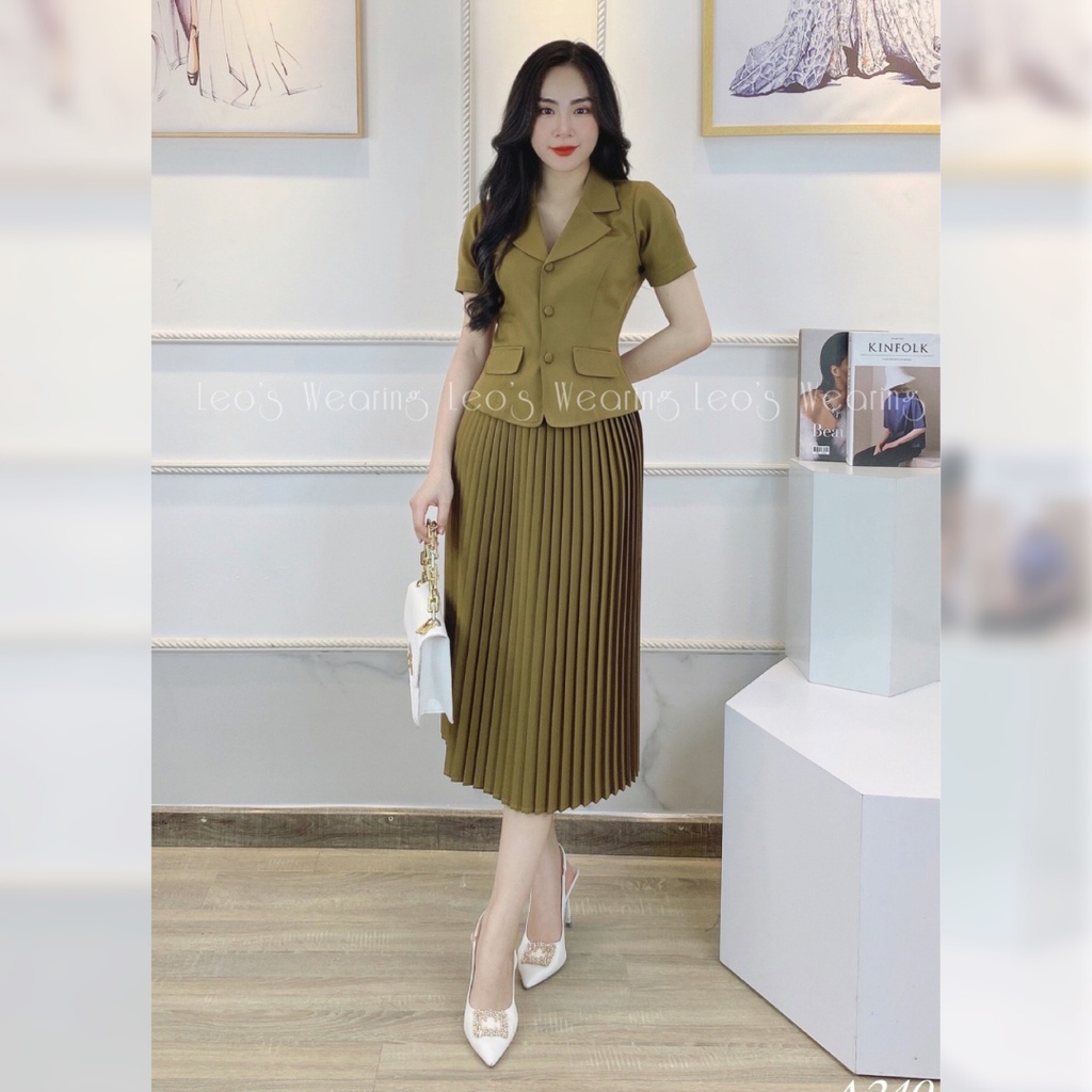 Set áo tay ngắn cổ vest chân váy xếp li LEOSWEARING set đồ công sở A239 A240