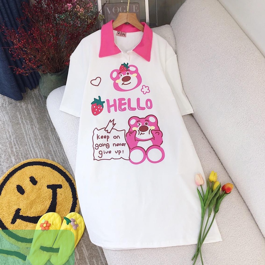 Đầm bé gái gấu dâu phối cổ  cực dễ thương cho bé từ 10 đến 60kg