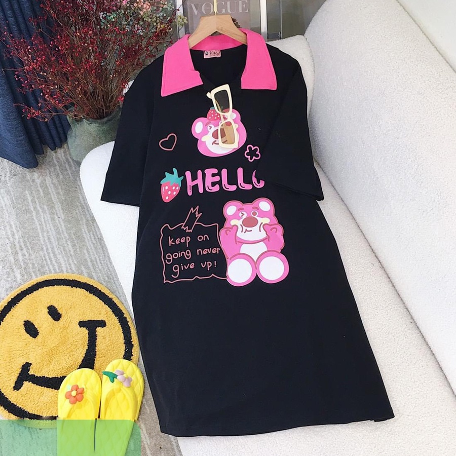 Đầm bé gái gấu dâu phối cổ  cực dễ thương cho bé từ 10 đến 60kg