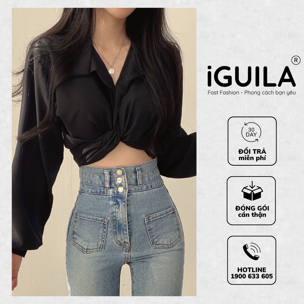 Áo sơ mi nữ croptop tay dài, Áo sơ mi kiểu dáng ngắn xoắn eo cột sau phong cách Hàn Quốc, SOMIT07