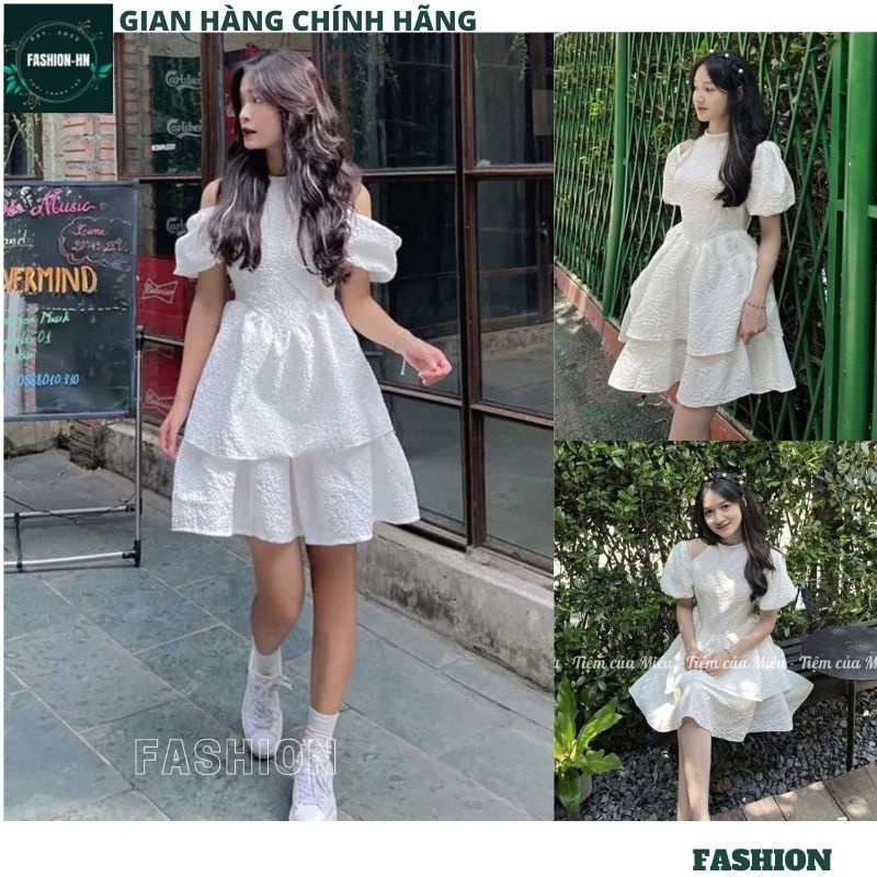 Váy cổ yếm màu trắng tay bồng - Đầm tiểu thư gấm xốp dáng xòe ngắn 2 tầng hàng thiết kế hot- FASHION V98