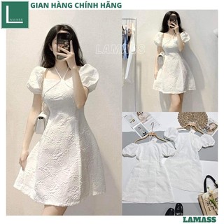 Váy gấm trễ vai buộc dây dáng xòe mặc được 2 kiểu dễ thương, Đầm gấm trắng tiểu thư cổ vuông chéo dây tay bồng - LAMA
