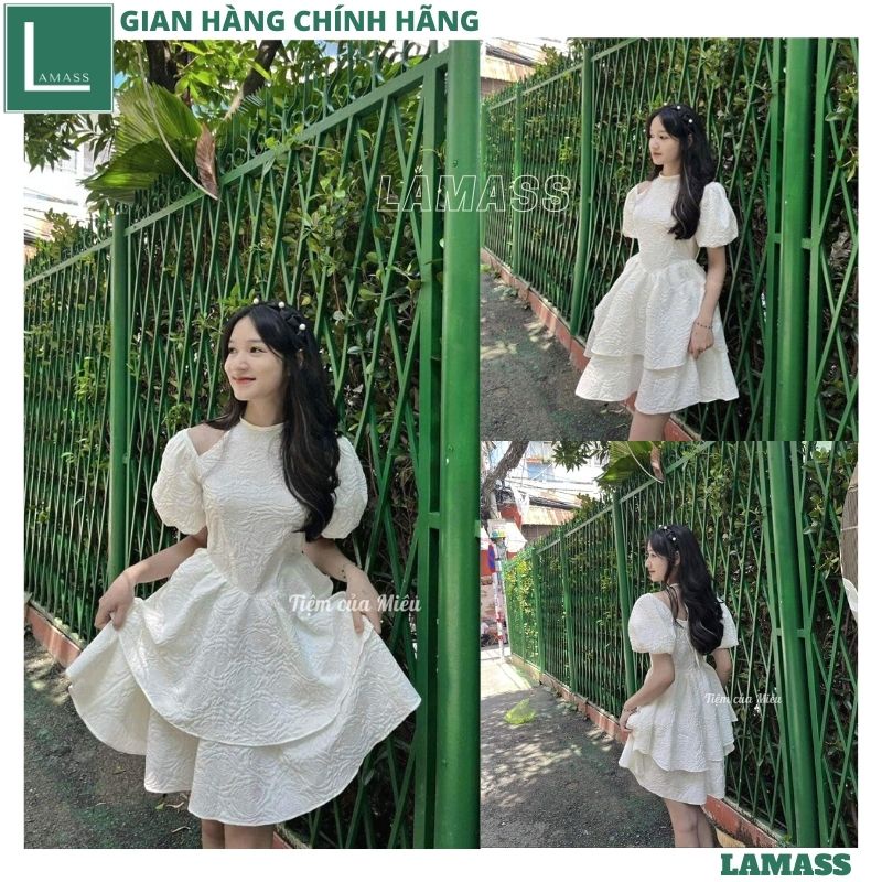 Váy gấm trắng cổ yếm hở vai dáng xòe 2 tầng bồng bềnh, Đầm tiểu thư gấm xốp tay bồng mặc được 2 kiểu cực xinh - LAMA