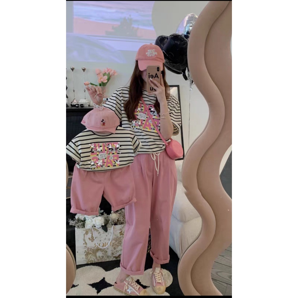 Bộ Áo Cotton họa tiết kẻ đen+ Quần Hồng Thời Trang Mùa Hè Cho Mẹ Và Bé siêu xinh