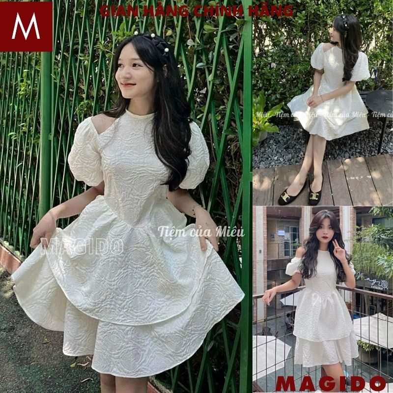 Váy Tiểu Thư Cổ Yếm Màu Trắng - Đầm gấm xốp dáng ngắn xòe 2 tầng thiết kế mặc đi tiệc siêu xinh- MAGIDO V98