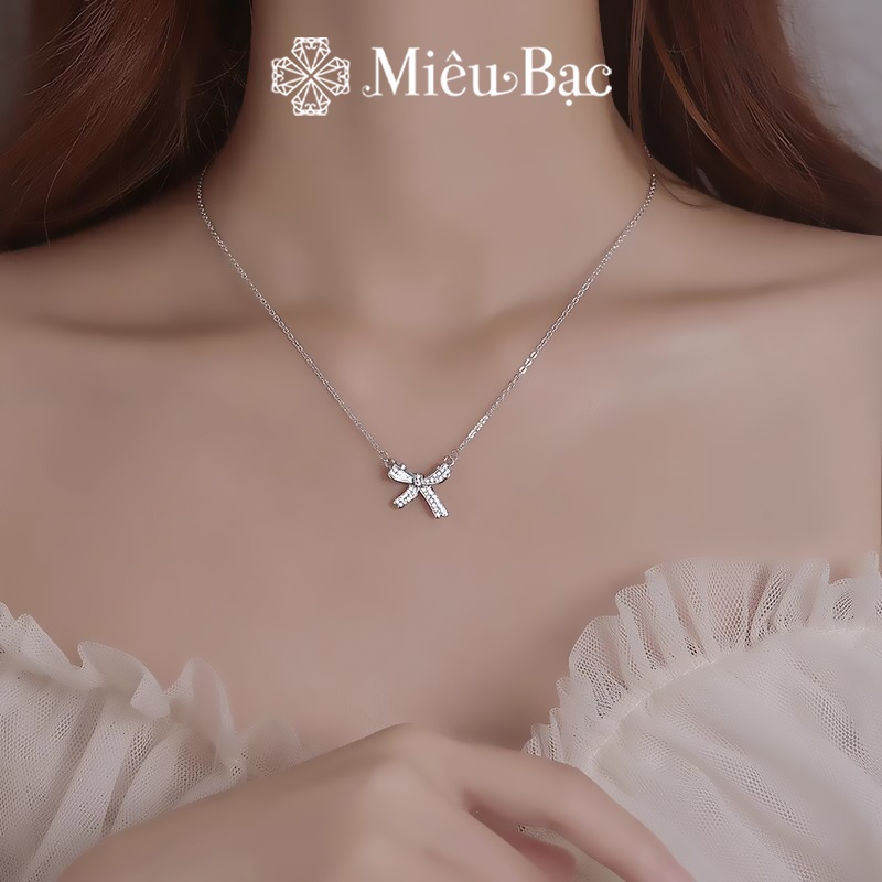 Dây chuyền bạc nữ Miêu Bạc hình nơ đính đá chất liệu bạc S925 thời trang phụ kiện trang sức D400472