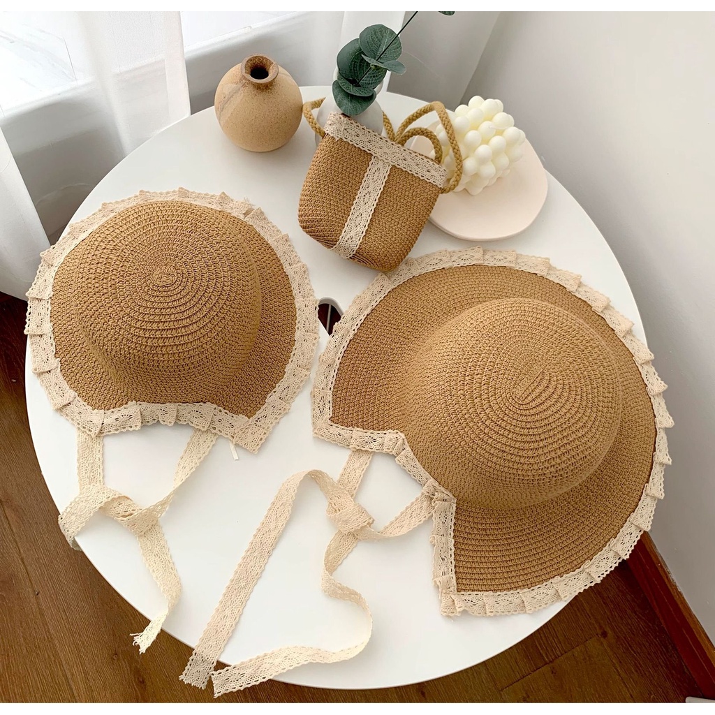 Set mũ cói nón cói cho mẹ và bé rộng vành chống nằng viền ren Anniebaby đi chơi đi biển hàng Quảng Châu cao cấp