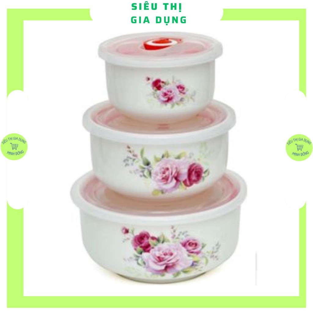 Bộ 3 bát sứ cao cấp, bộ 3 bát sứ có nắp đậy, bộ bát sứ có nắp đậy hút chân không cao cấp, dùng được lò vi sóng