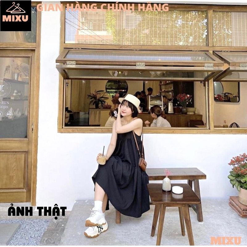 Váy 2 dây dáng xòe dài bèo tầng gợi cảm đi chơi đi biển - Váy maxi babydoll 3 tầng dáng xuông vải đũi lụa đẹp - MIXU
