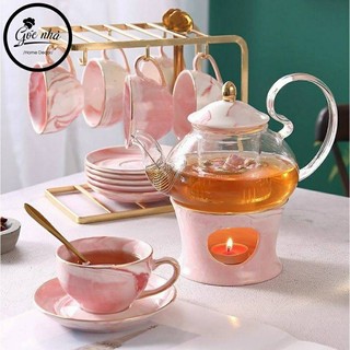 Bộ trà sứ vân đá marble cao cấp hồng vân đá hi vân đá. bộ ấm trà chất liệu sứ cao cấp có đế đun tiện lợi