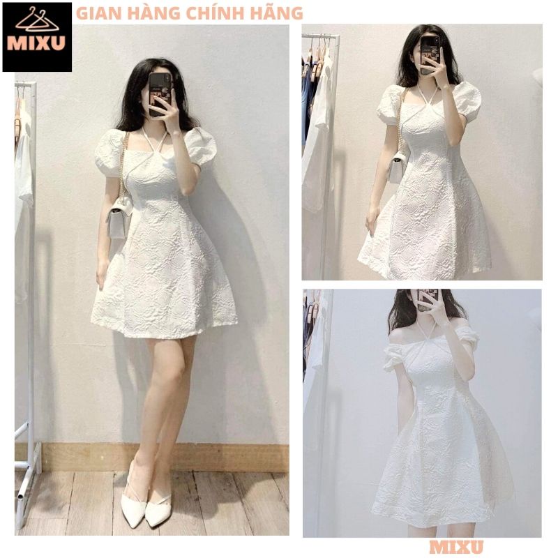 Váy gấm trễ vai buộc dây dáng xòe mặc được 2 kiểu dễ thương, Đầm gấm trắng tiểu thư cổ vuông chéo dây tay bồng - MIXU
