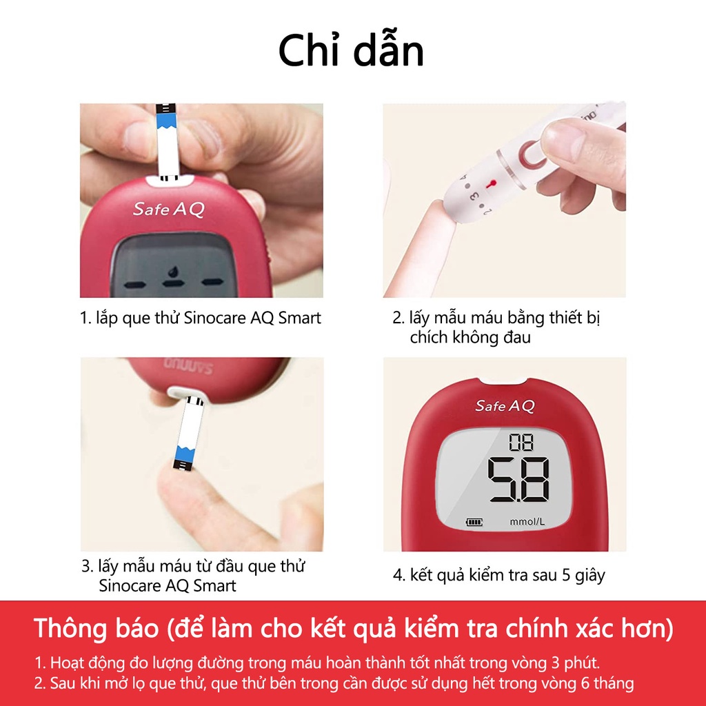 Máy Đo Đường Huyết Sinocare Safe AQ Smart Cho Kết Quả Nhanh, Độ Chích Xác Cao Kèm 25 Que & 25 Kim Chích