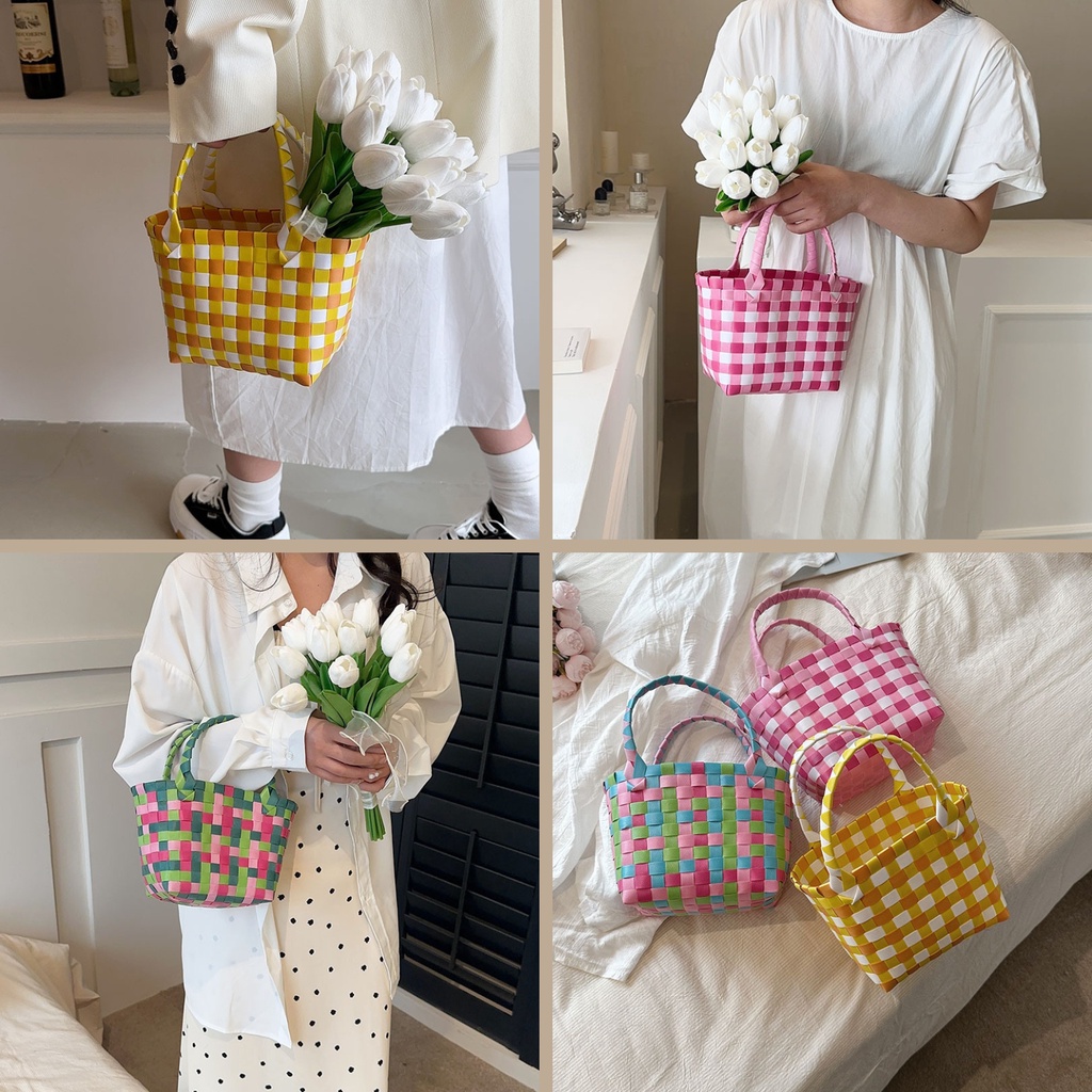 Túi/giỏ xách đan ô vuông size nhỏ đi biển màu cầu vồng phong cách Hàn Quốc siêu xinh cho nữ