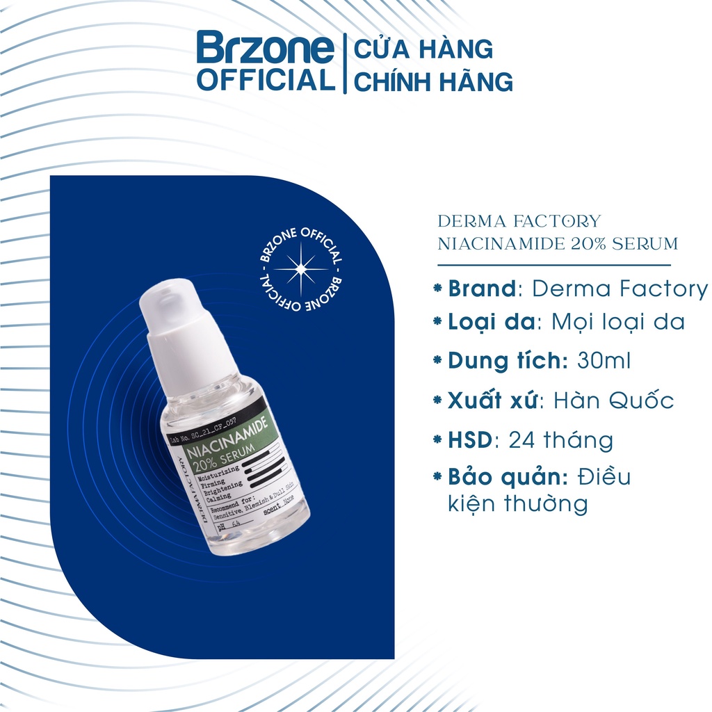 Tinh Chất Dưỡng Trắng Mờ Thâm Da Derma Factory Niacinamide 20% 30ml - BRZONE OFFICIAL