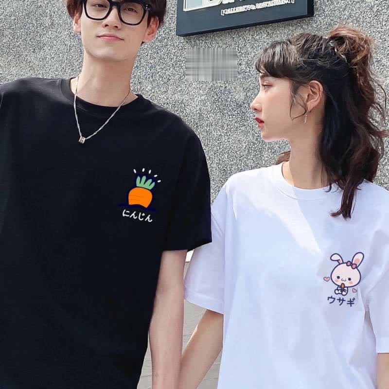 Áo đôi couple  freeship  Áo Cặp tay lửng dáng rộng - áo thun đôi thỏ cà rốt có đủ size