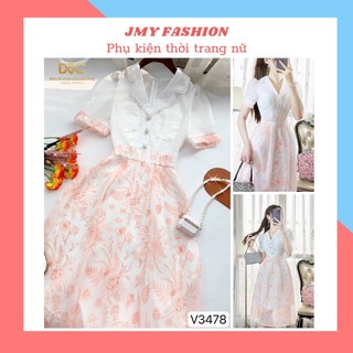 V3478 Váy voan trắng cổ vest hoa cam nữ tính váy trắng xoè midi tiểu thư