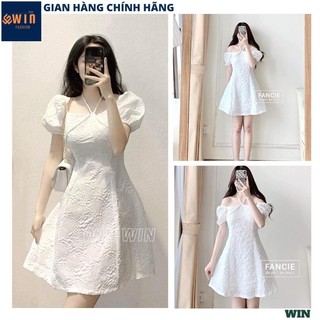 Váy gấm trễ vai buộc dây dáng xòe mặc được 2 kiểu dễ thương, Đầm gấm trắng tiểu thư cổ vuông chéo dây tay bồng - WIN