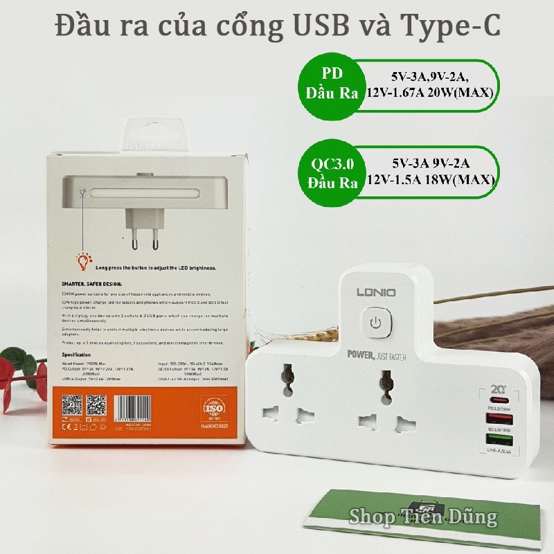 Ổ cắm điện đa năng LDNIO SC2311 hỗ trợ 100-250V, 2 lỗ cắm 2500W + 2 USB-A &amp; 1 USB-C (30W), sạc nhanh PD &amp; QC 3.0