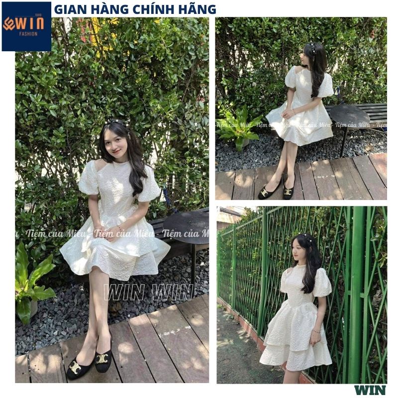 Váy gấm trắng cổ yếm hở vai dáng xòe 2 tầng bồng bềnh, Đầm tiểu thư gấm xốp tay bồng mặc được 2 kiểu cực xinh - WIN