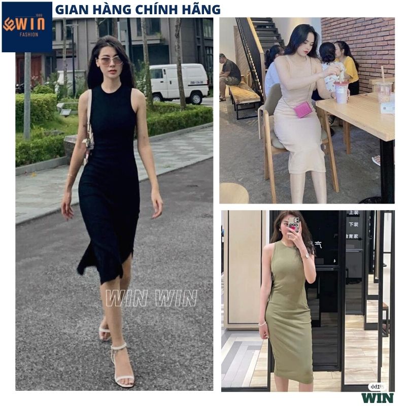 Váy sát nách body cổ tròn xẻ tà chất thun gân co giãn, Đầm ba lỗ form ôm gợi cảm thời trang nữ tôn dáng mùa hè - WIN