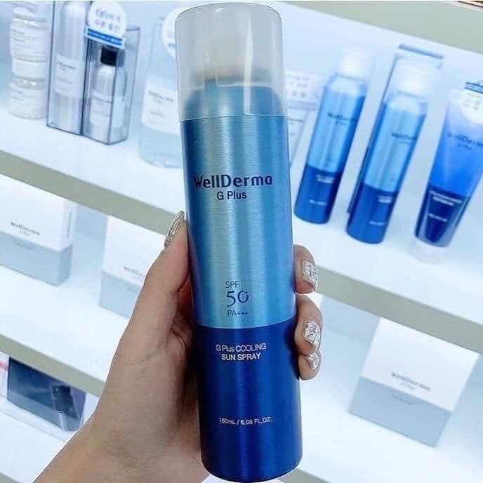 Xịt Chống Nắng Body Wellderma G PLus Cooling Sun Spray 180ml- Chống Trôi, Giảm Nhiệt, Làm Mát Da