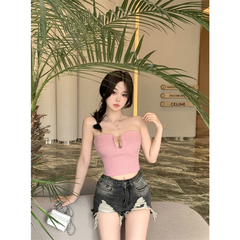 Áo Croptop Dệt Kim Trễ Vai Dáng Ôm Thời Trang Mùa Hè 2023