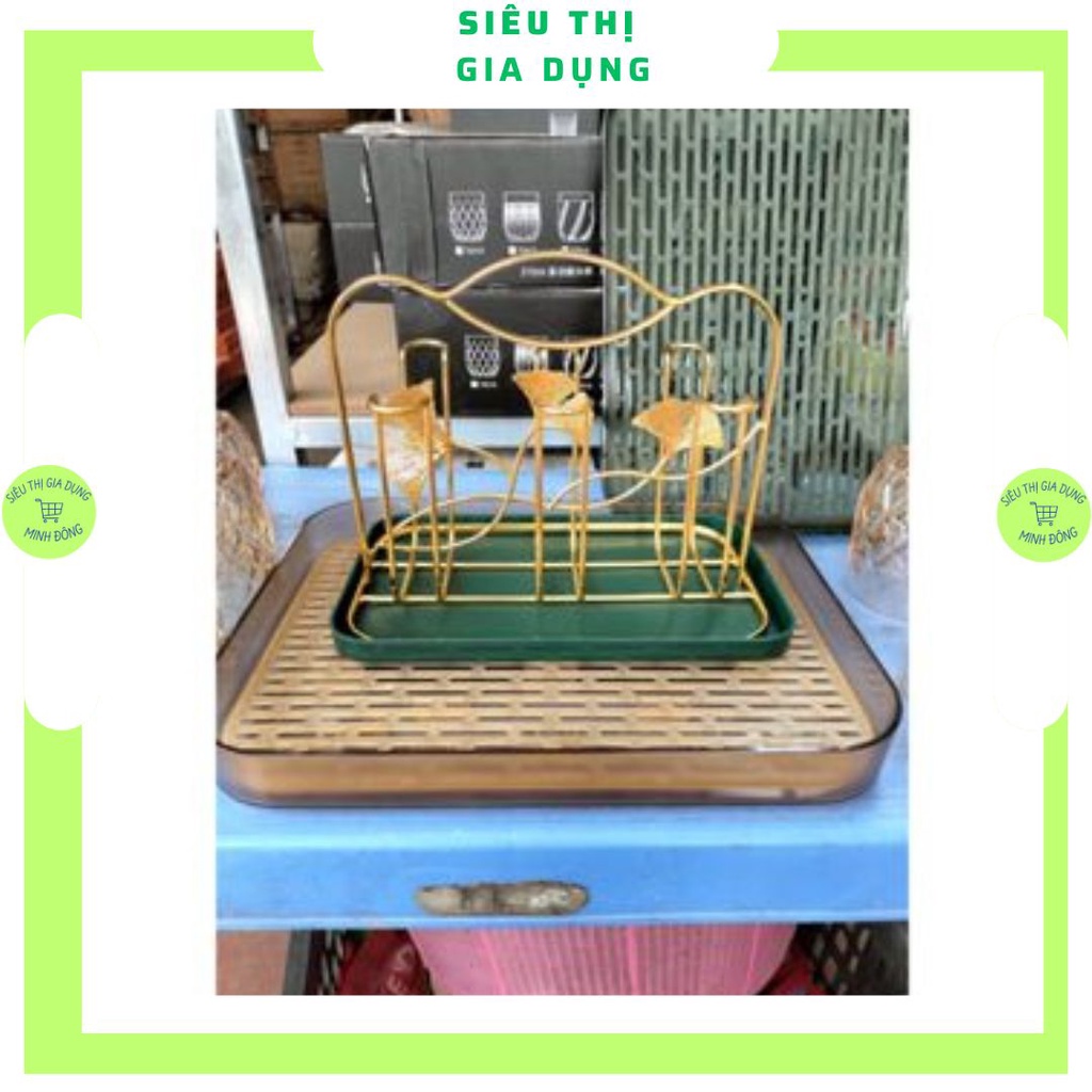 Gía úp cốc mạ vàng hình lá đẹp kèm khay hứng nước tiện dụng - khay úp ly nhiều mẫu mã sang trọng hiện đại