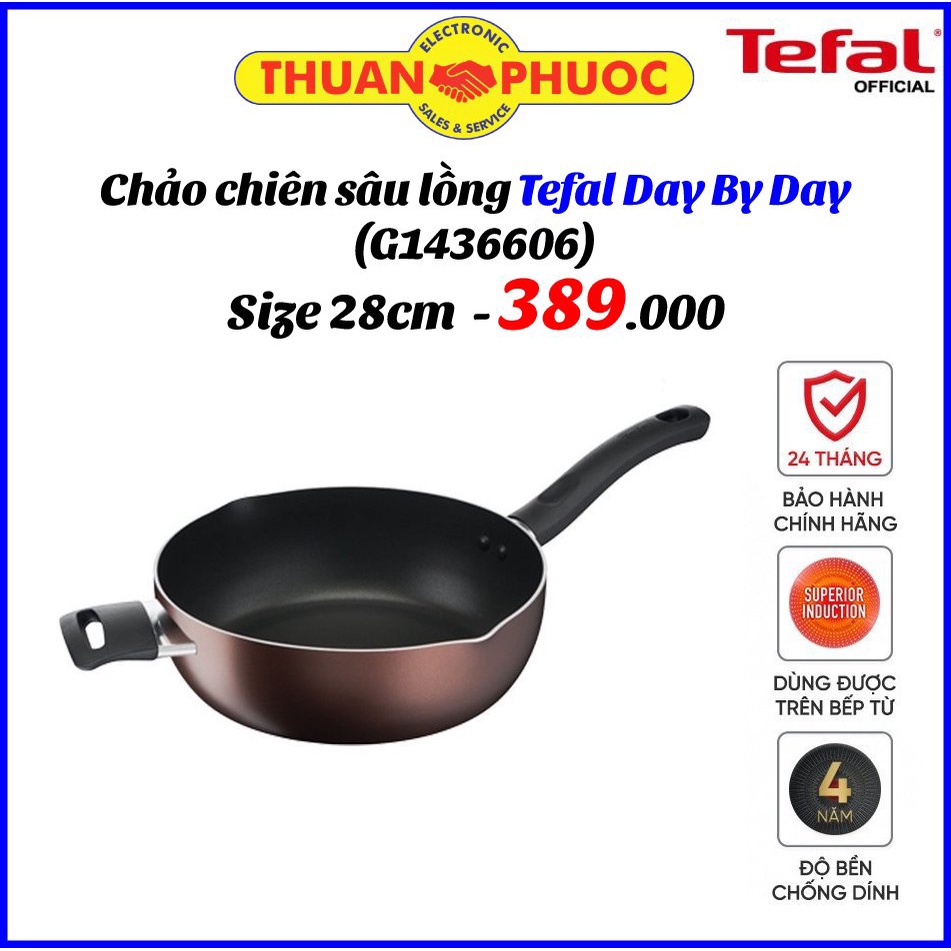 Chảo chiên, Chảo chống dính sâu lòng Tefal Day By Day - Size 28cm - Hàng Chính Hãng BH 2 Năm- Dùng c