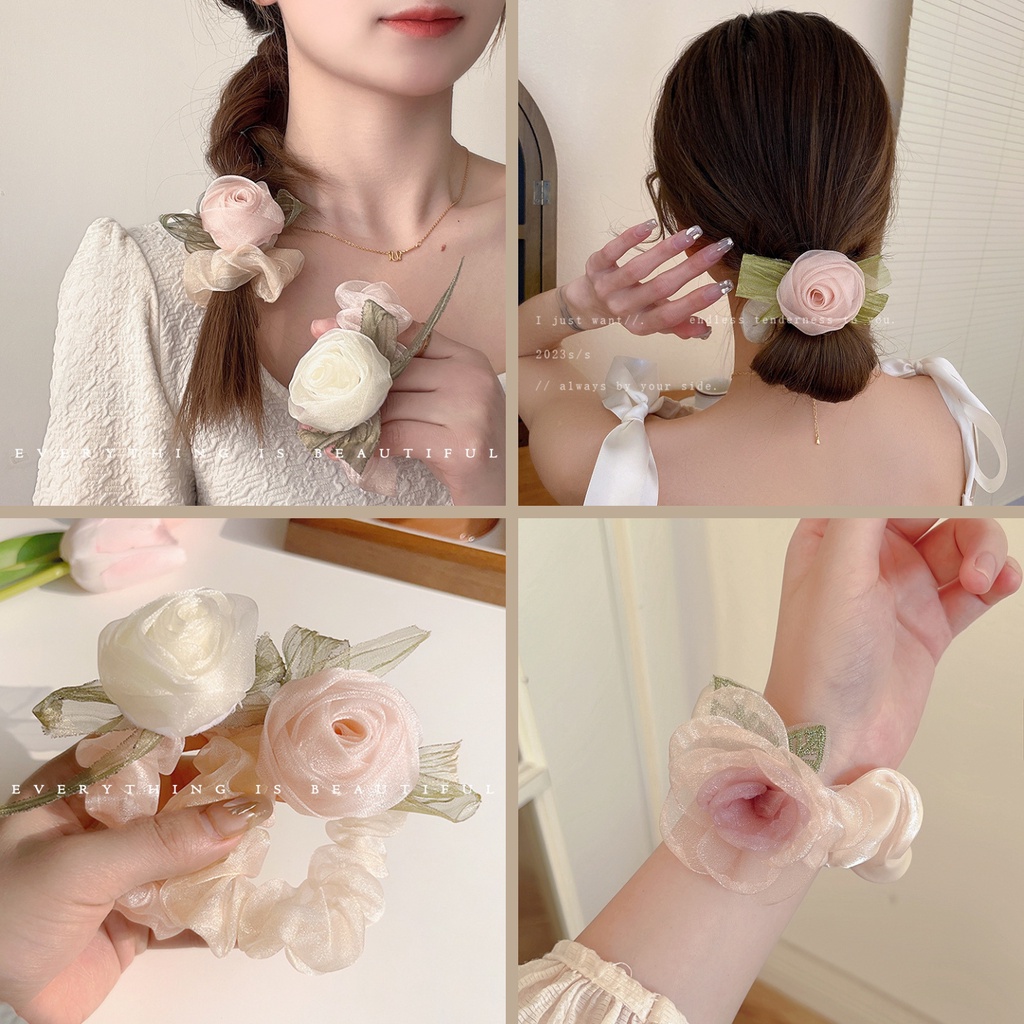 Dây buộc tóc/cột tóc scrunchies hoa hồng/ hoa lily xanh lá bằng voan lưới phong cách tiểu thư Hàn Quốc cho nữ