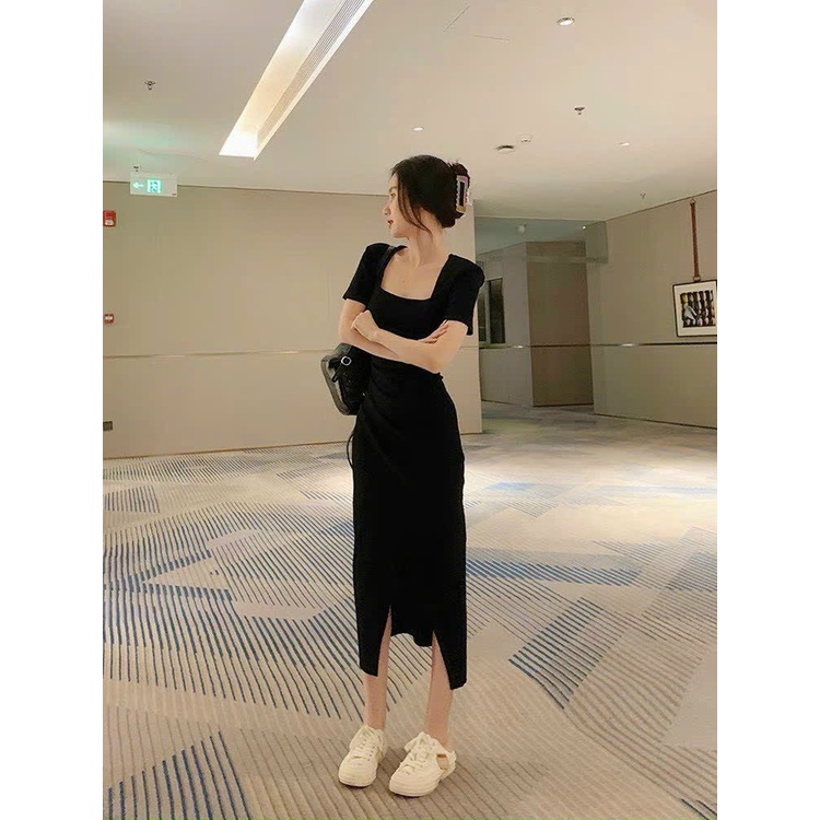 Đầm thun cổ vuông tà xéo (có đệm vai) chất thun gân H.H Bigsize