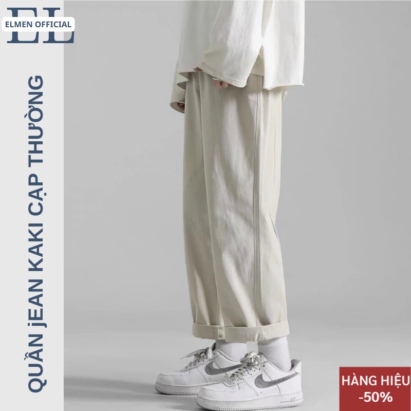 Quần Kaki Nam Baggy Ống Suông Basic Unisex - Kiểu quần baggy nam ống rộng màu đen và be Elmen hottrend 2023