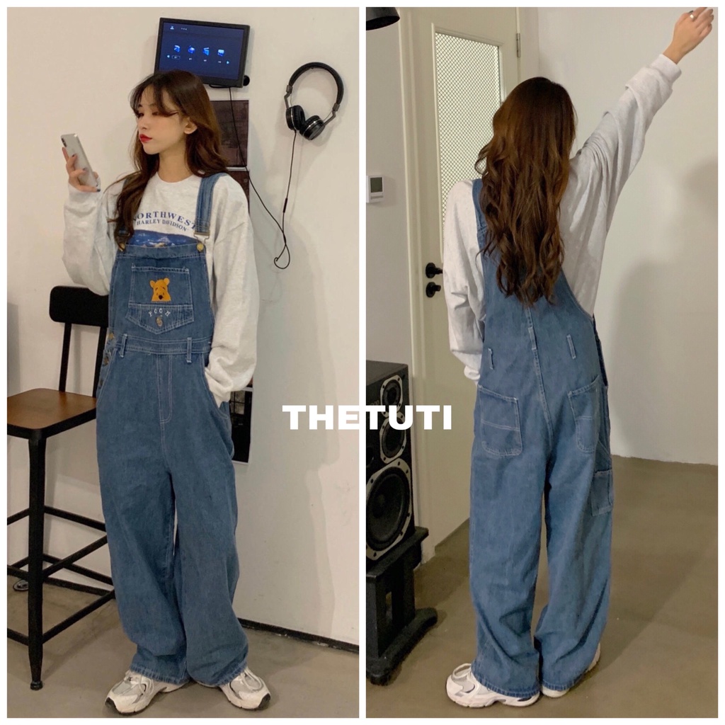 Quần yếm jeans THETUTI ống rộng form to thêu GẤU POOH túi ngực xanh đậm, yếm bò Hàn Quốc